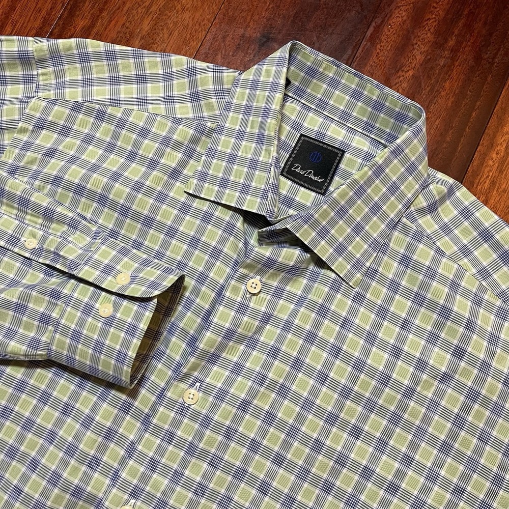 David Donahue Dress Shirt Mens 16.5 34/35 Long Sleeve Blue Green Check Plaid
